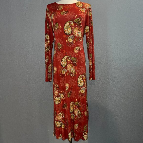 JOHNNY WAS PAISLEY PRINT DRESS STRETCH KNIT PULL OVER LONG SLEEVES SIDE SLITS -L - Picture 5 of 16